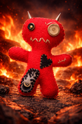 A red felt devil doll with silver metal horns, one button eye, and a patchwork design on its legs, standing on a bed of glowing embers and fire against a dark background.