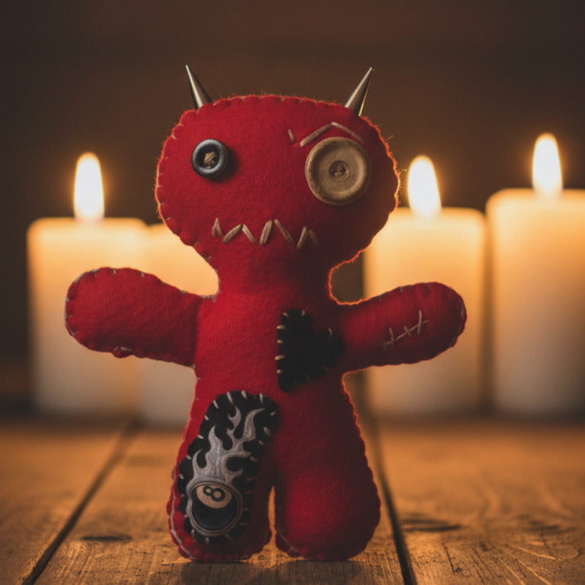A red felt devil doll with black and beige patches, a wooden button eye, and a wooden button scar, set against a textured black and teal background.