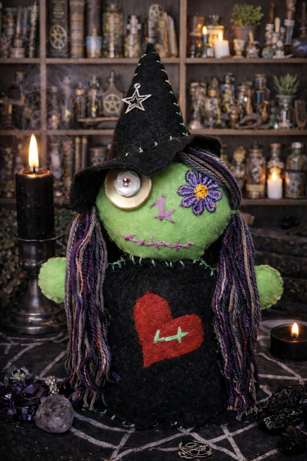 A handmade felt witch doll with a green face, black pointed hat with a silver star, and long purple yarn hair, standing in a dark, mystical room with candles and shelves of occult items.