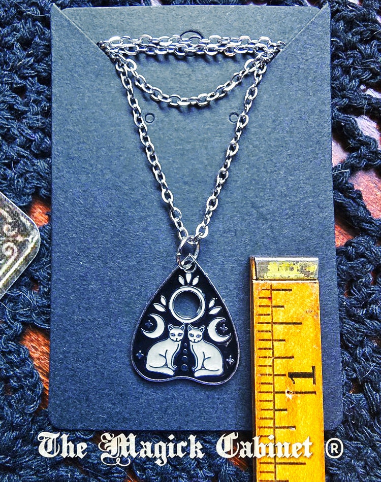 Planchette Cat & Moon Necklace: Enamel Ouija Charm, Stainless Steel Chain