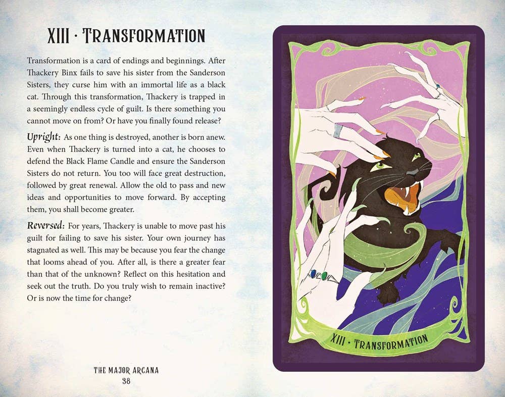 Tarot card titled 'Transformation' with a black cat and hand illustration on a purple background.