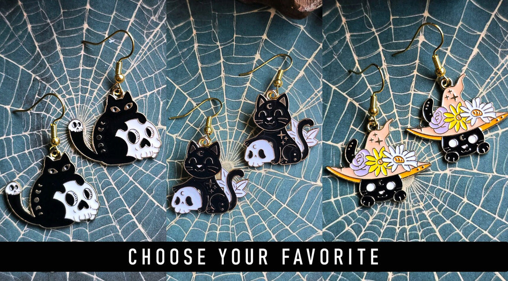 Black Cat Enamel Earrings: Witchy Halloween Jewelry