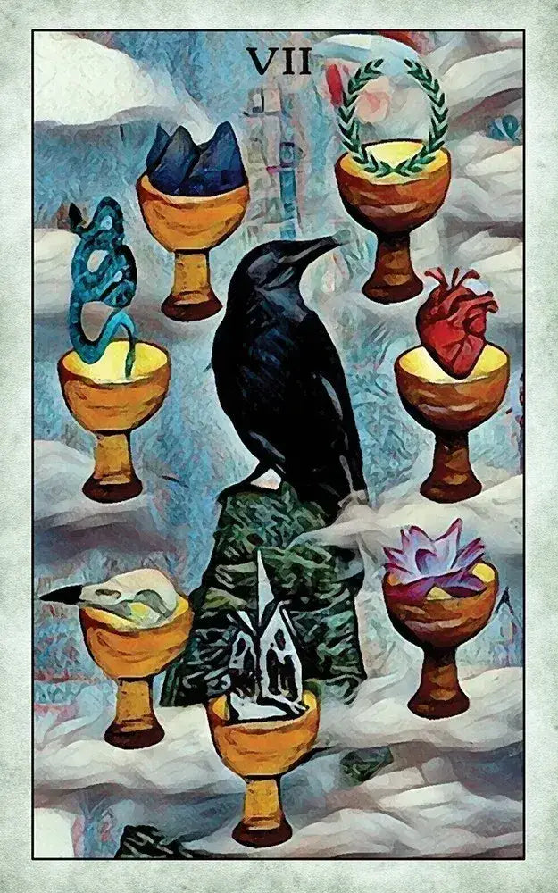 Tarot card with a black crow, cups with various symbols, and a mountainous background.