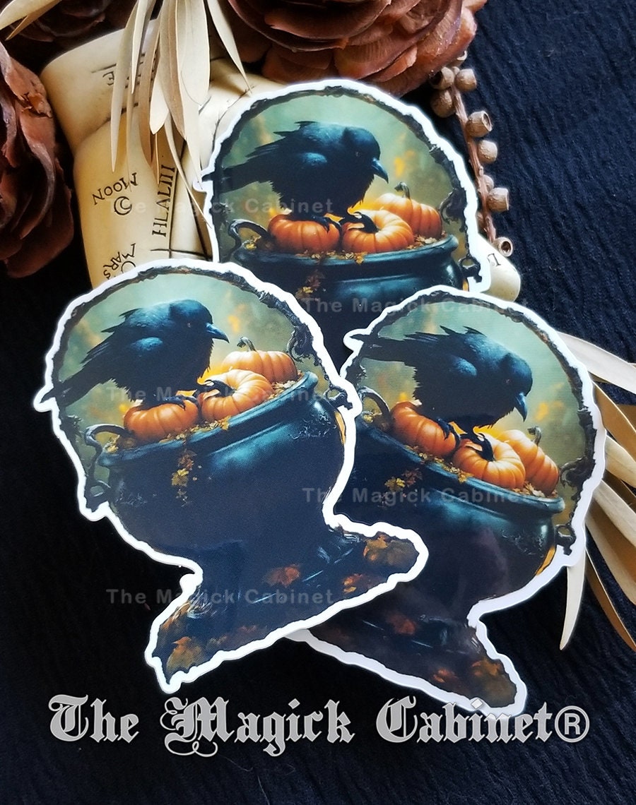 Cauldron Crow Halloween Sticker: Crow & Pumpkins Vinyl Decal