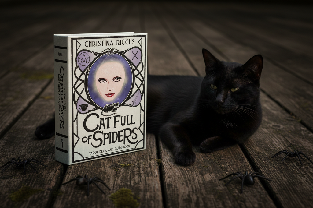 Book titled 'Cat Full of Spiders' by Christina Ricci with a cover featuring a woman's face and a cat.