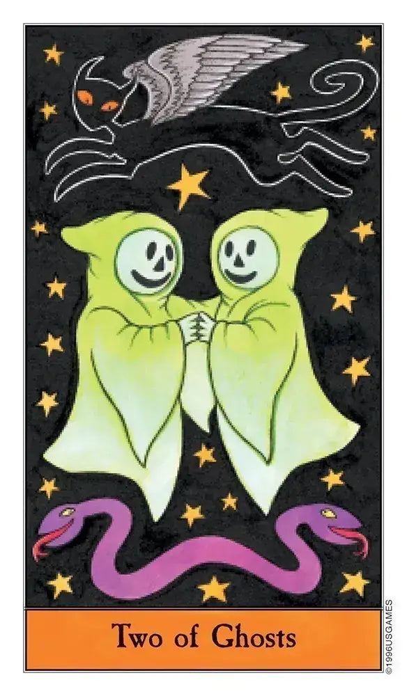 Card featuring two green ghosts with a snake and a bat, labeled 'Two of Ghosts'.