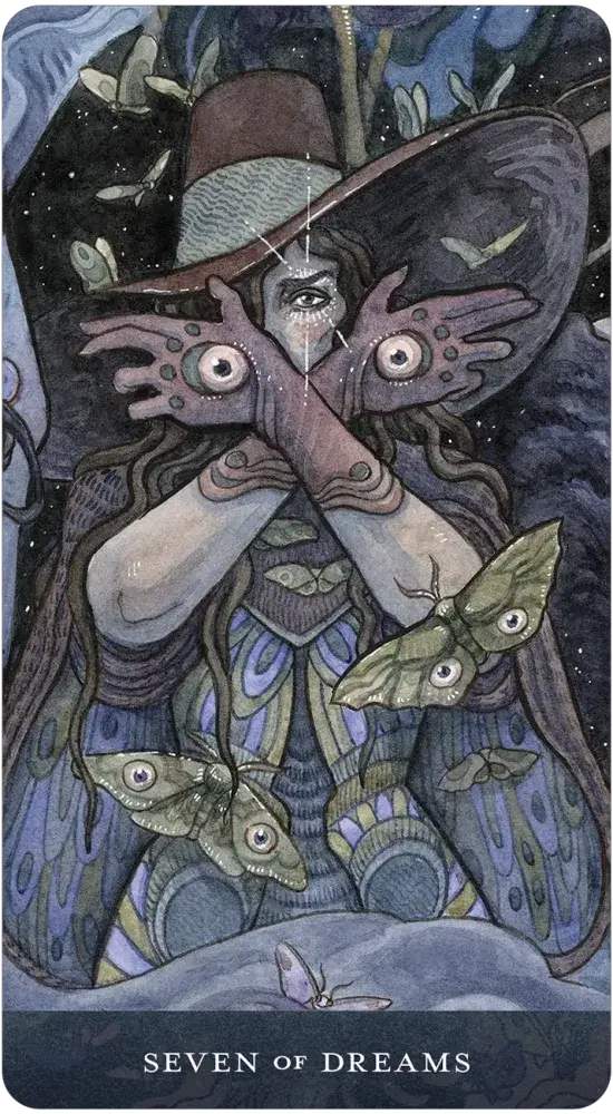 Card from a tarot deck featuring a fairy with moth-like wings and a butterfly, titled 'Seven of Dreams'.