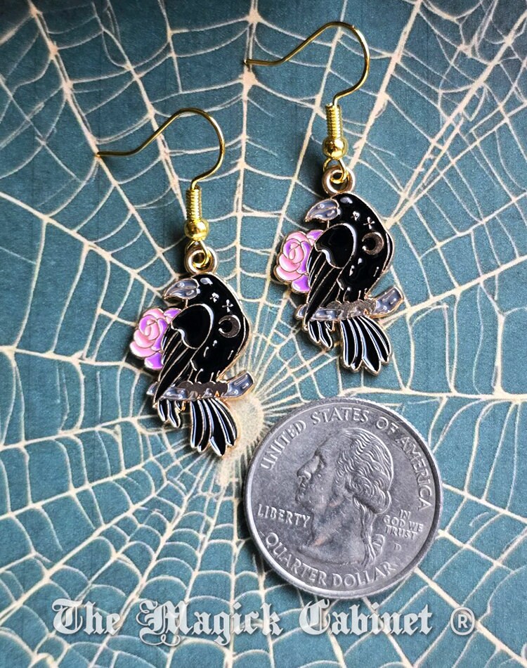 Enamel Raven Earrings: Goth Halloween Crow Jewelry