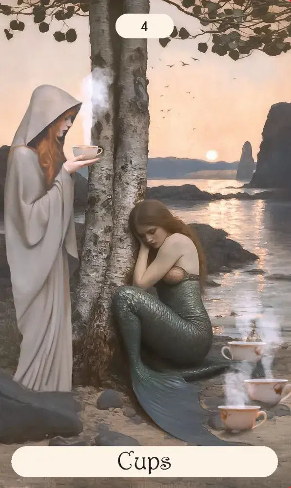 Mermaid and nun by a tree by a body of water with 'Cups' text at the bottom.
