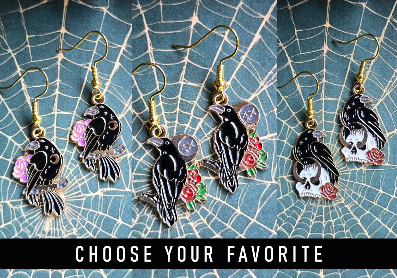 Enamel Raven Earrings: Goth Halloween Crow Jewelry