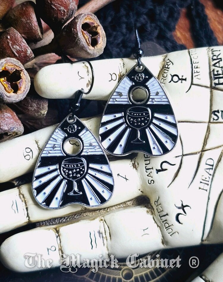 Planchette Chalice Earrings: Black & White Enamel Witchy Jewelry