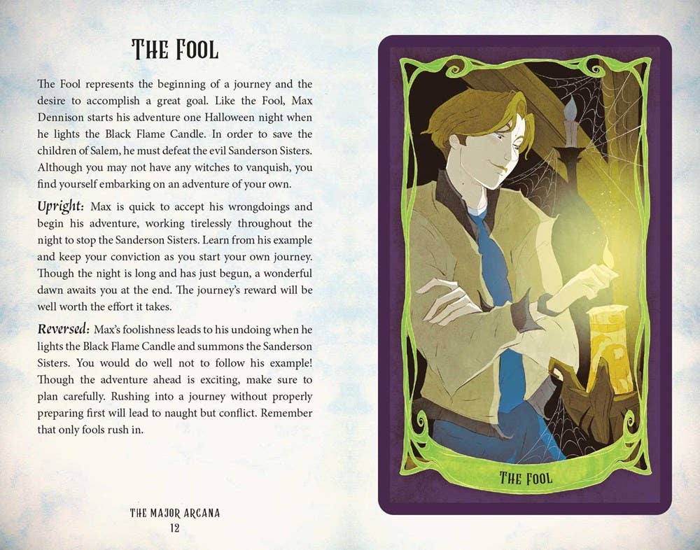 Card from a tarot deck featuring 'The Fool' with descriptive text on a light blue background.