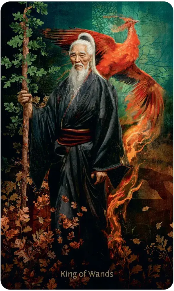 Card featuring an elderly man in a dark robe with a phoenix and wand, labeled 'King of Wands'.
