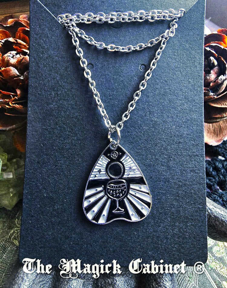 Planchette Necklace: Black & White Enamel Charm, Gothic Halloween Jewelry