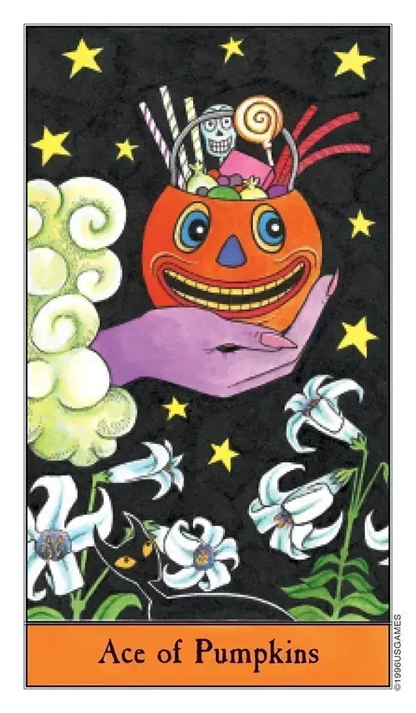 Card featuring a colorful pumpkin with a face, surrounded by flowers and stars, labeled 'Ace of Pumpkins'.
