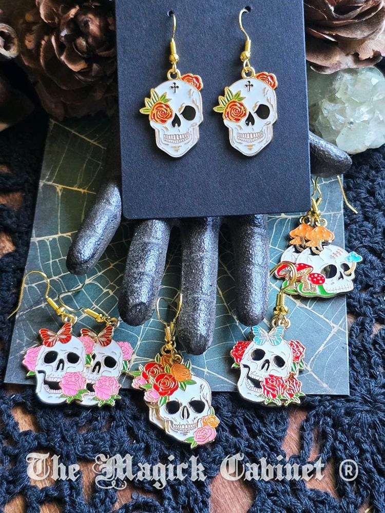 Enamel Skull Earrings with Butterflies Mushrooms and Flowers: Gothic Halloween Jewelry