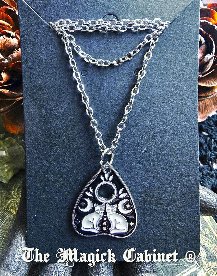 Planchette Cat & Moon Necklace: Enamel Ouija Charm, Stainless Steel Chain
