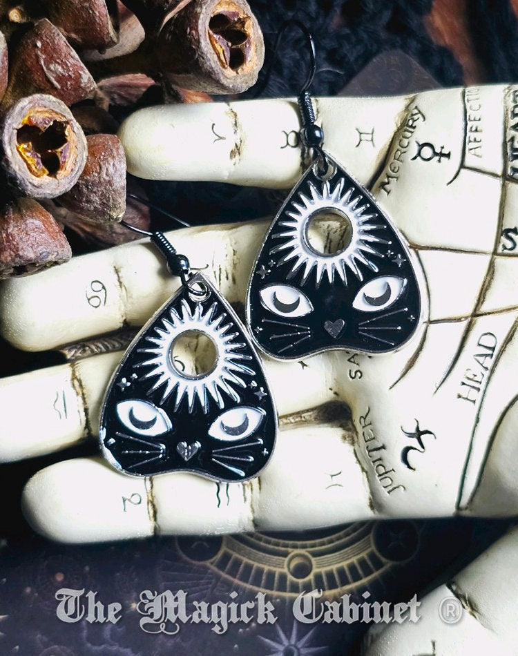Planchette Cat Earrings: Black & White Enamel Ouija Board Jewelry