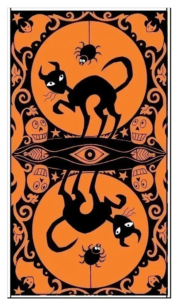 Halloween-themed design with black cats, spiders, and skulls on an orange background.