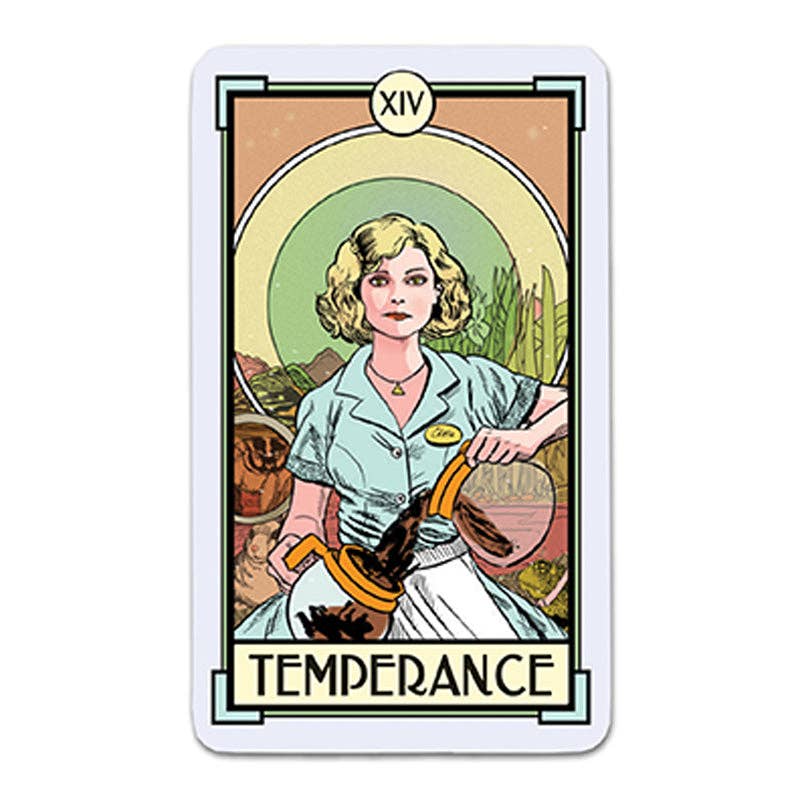 Tarot card titled 'Temperance' with a woman holding a balance scale on a white background