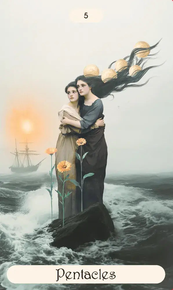 Artistic depiction of two women embracing with flowers, set against a coastal background with the word 'Pentacles' at the bottom.