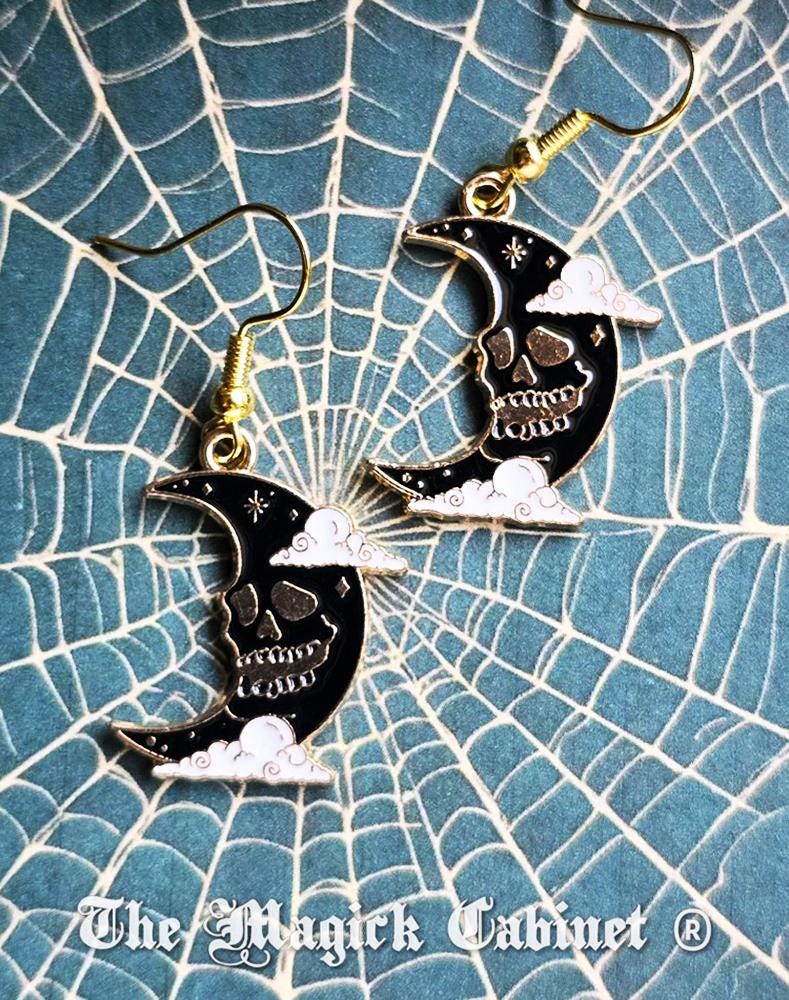 Skull Moon Enamel Earrings: Gothic Halloween Jewelry