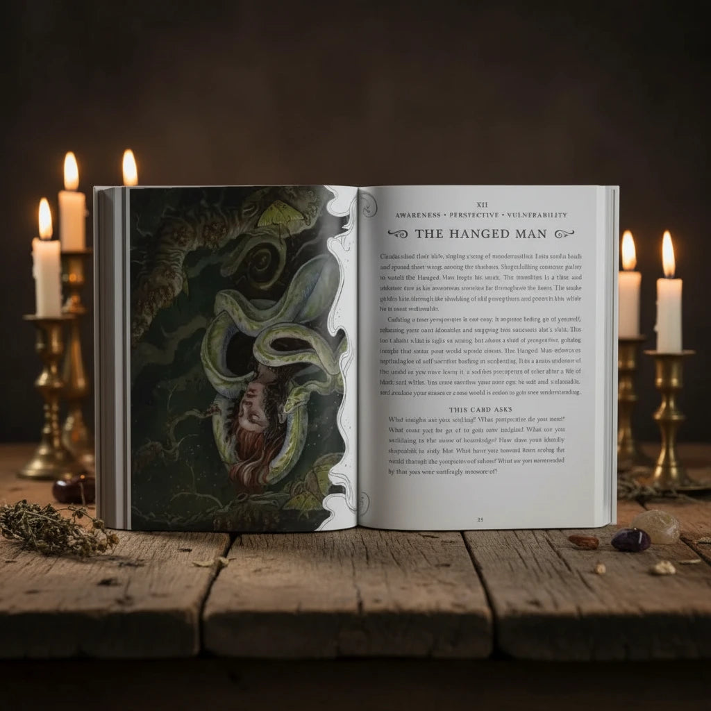 Open book showing a tarot card illustration with a snake and person's head, and text on a white background.