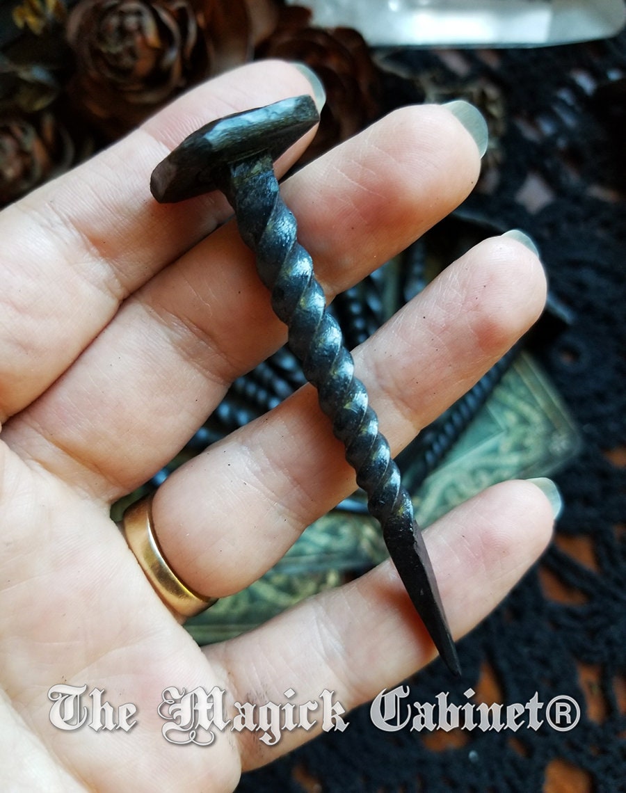 Conjure and Hexing Nail: Hand forged and twisted Iron Candle Scribe