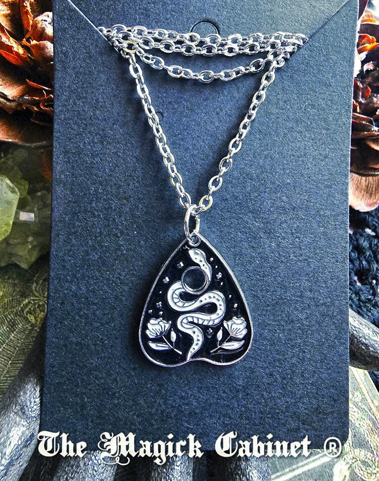 Gothic Planchette Pendant Necklace: Black Enamel Snake & Roses, 18" Chain