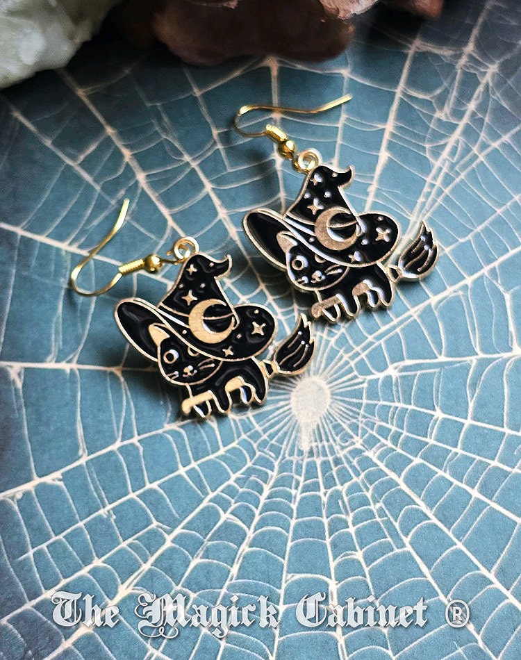 Enamel Black Cat Earrings: Witchy Halloween Jewelry