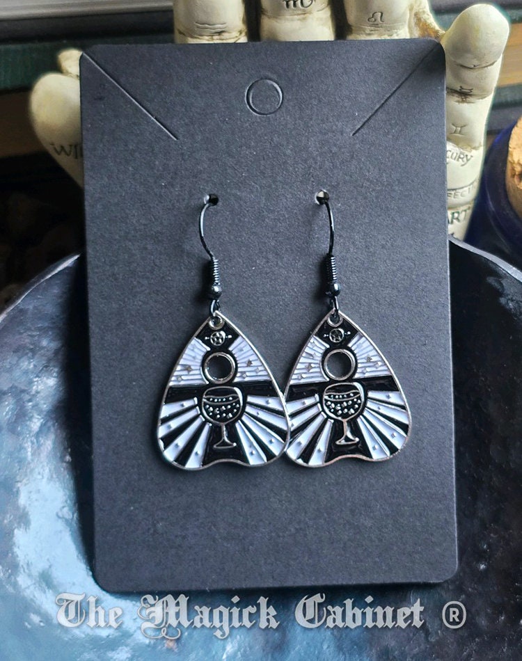 Planchette Chalice Earrings: Black & White Enamel Witchy Jewelry