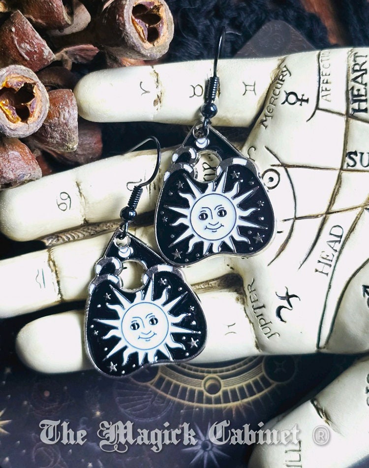 Planchette Sun & Moon Earrings: Boho Witch Enamel Jewelry