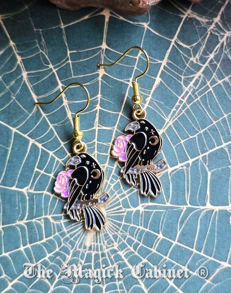 Enamel Raven Earrings: Goth Halloween Crow Jewelry