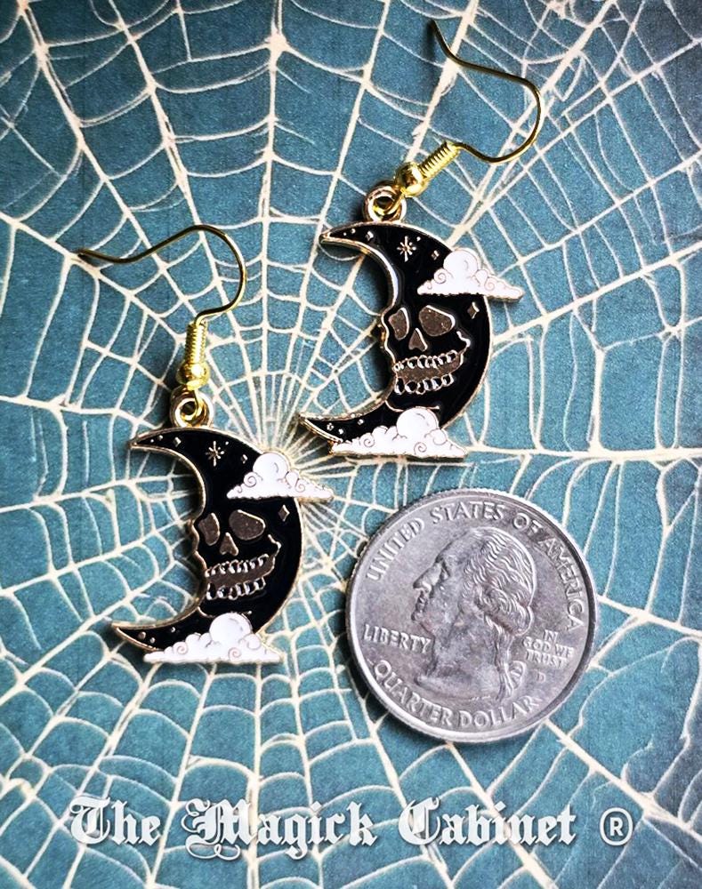 Skull Moon Enamel Earrings: Gothic Halloween Jewelry
