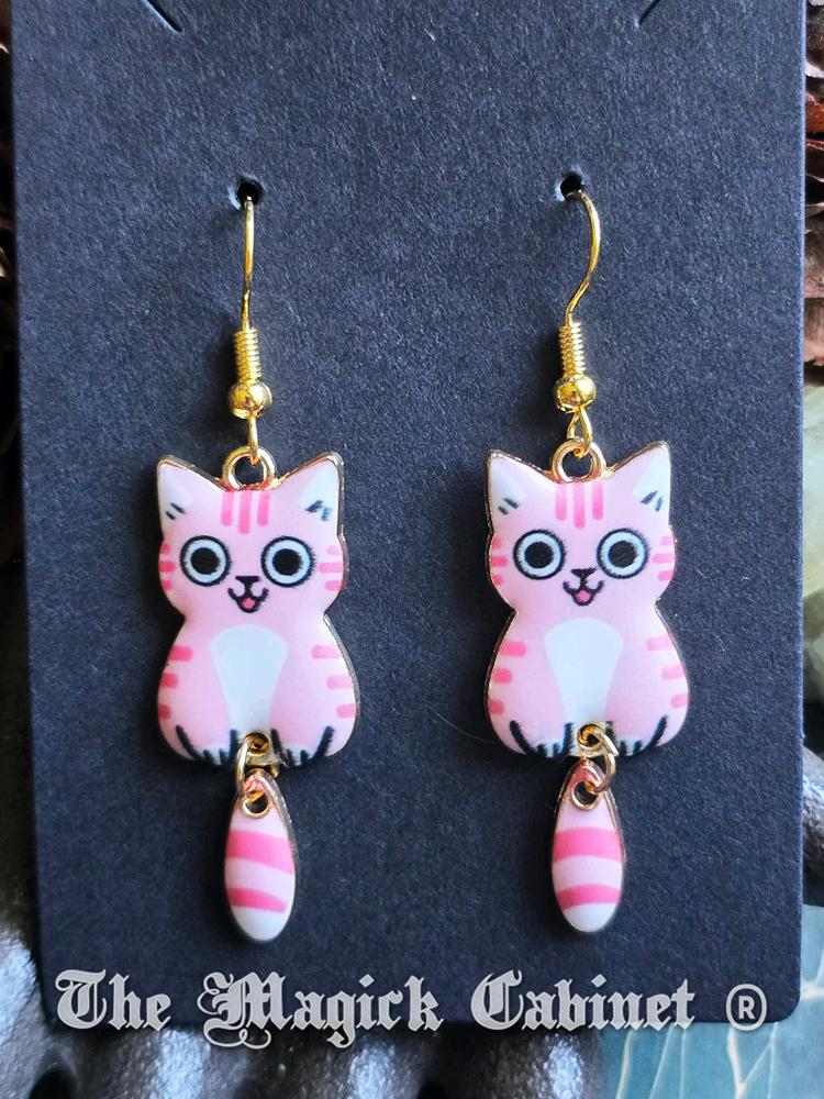 Swinging Cat Tail Earrings: Enamel Kitten Charms, Gold Tone Ear Wire