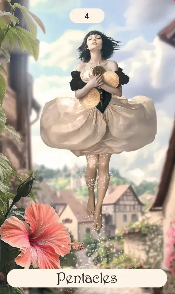 Artistic depiction of a woman holding a tambourine in a garden setting with 'Pentacles' label.