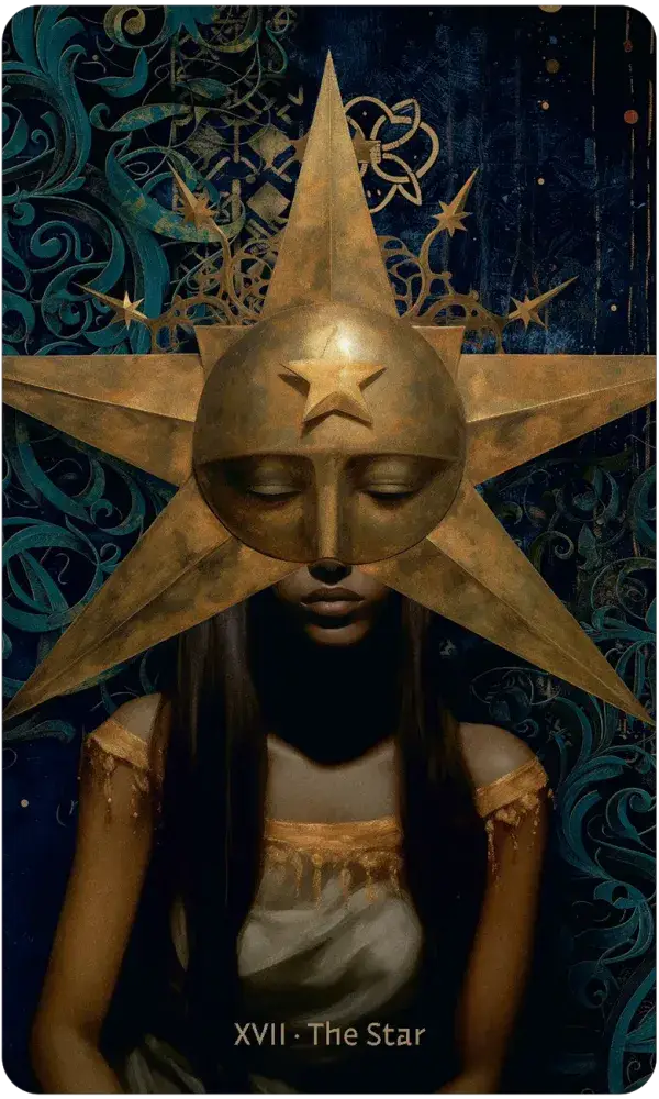Tarot card featuring a star-shaped headdress with a face, on a dark blue background with celestial designs.