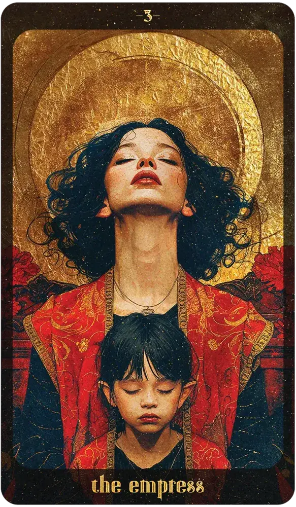 Card titled 'The Empress' featuring a woman and child with a gold halo