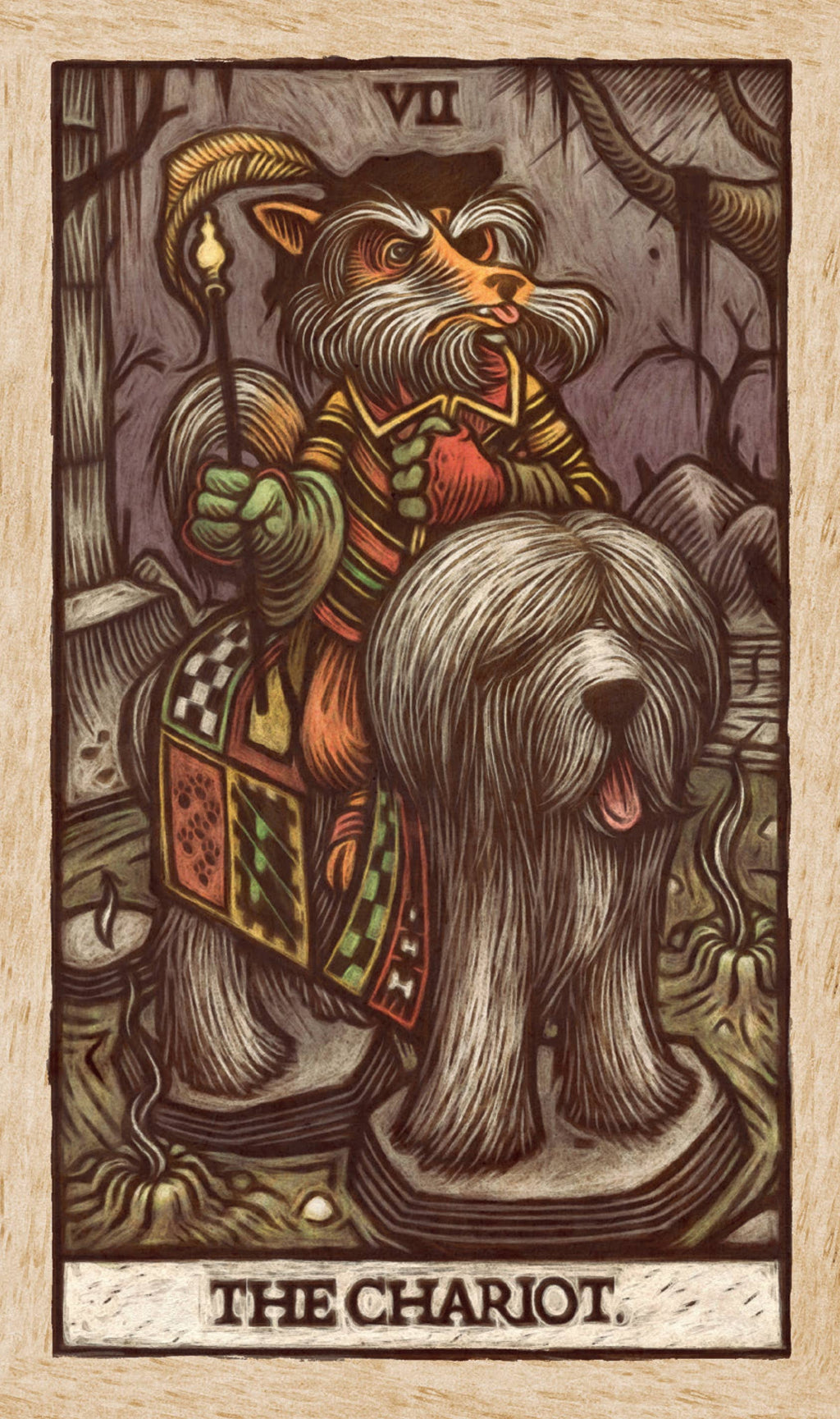 Tarot card featuring a fox riding a dog creature with 'The Chariot' text