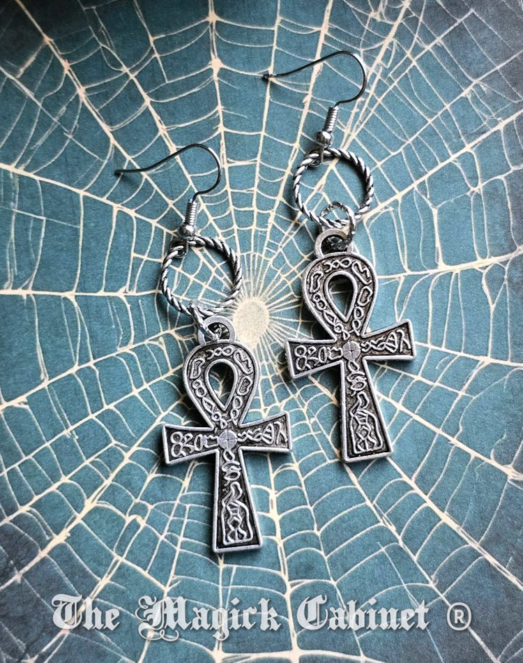 Egyptian Ankh Earrings: Silver Tone Witchy Goth Charm