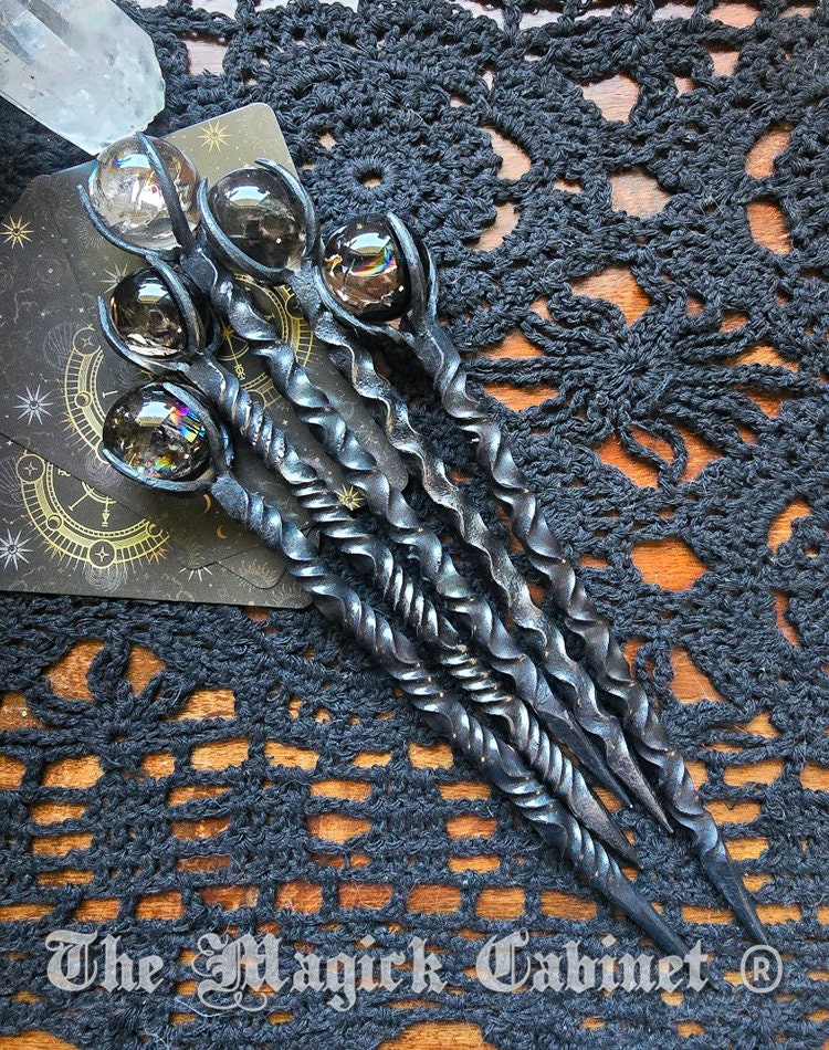 Twisted Hand Forged Iron Candle Scribe with Rainbow Smokey Quartz Crystal