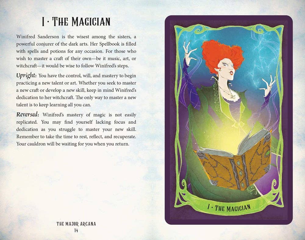 Card from a tarot deck titled 'The Magician' with descriptive text on a light blue background.