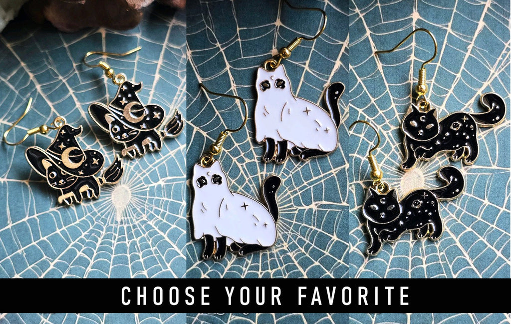 Enamel Black Cat Earrings: Witchy Halloween Jewelry
