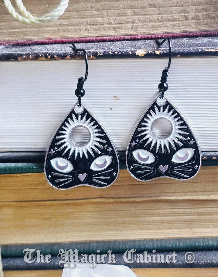 Planchette Cat Earrings: Black & White Enamel Ouija Board Jewelry