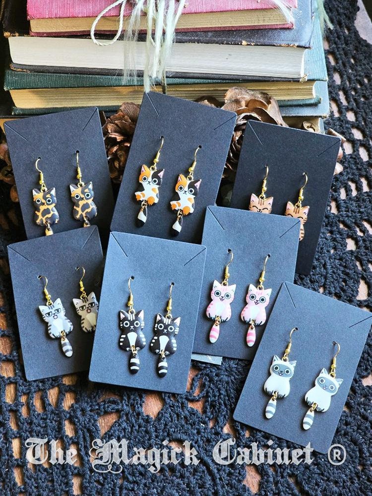 Swinging Cat Tail Earrings: Enamel Kitten Charms, Gold Tone Ear Wire