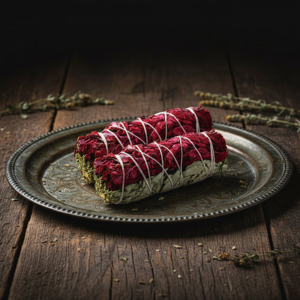 Bundles of sage tied with string on a witchy background, featuring USDA Organic logo.
