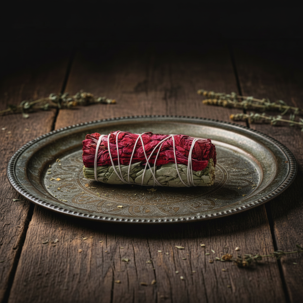 A single sage bundle laying on a vintage metal tray on a old wooden witches table