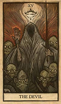 Vintage-style illustration of 'The Devil' card from a tarot deck, featuring a hooded figure, trolls and skulls.
