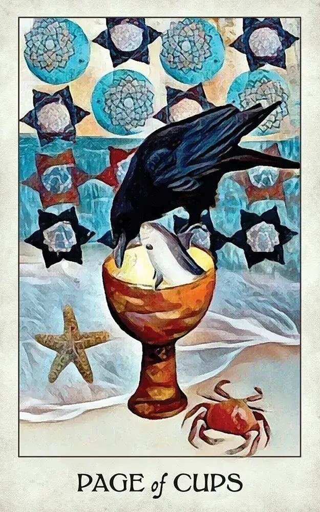Tarot card featuring a crow, dolphin, and crab with a colorful starry background.