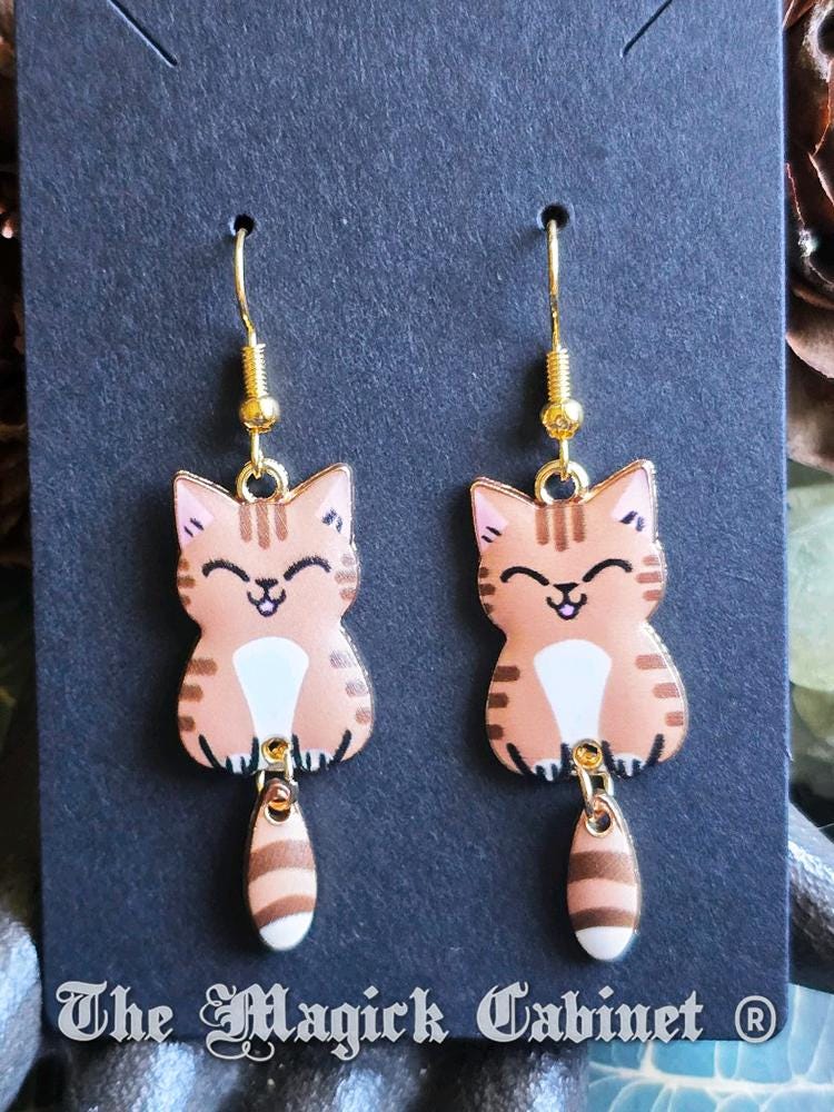 Swinging Cat Tail Earrings: Enamel Kitten Charms, Gold Tone Ear Wire
